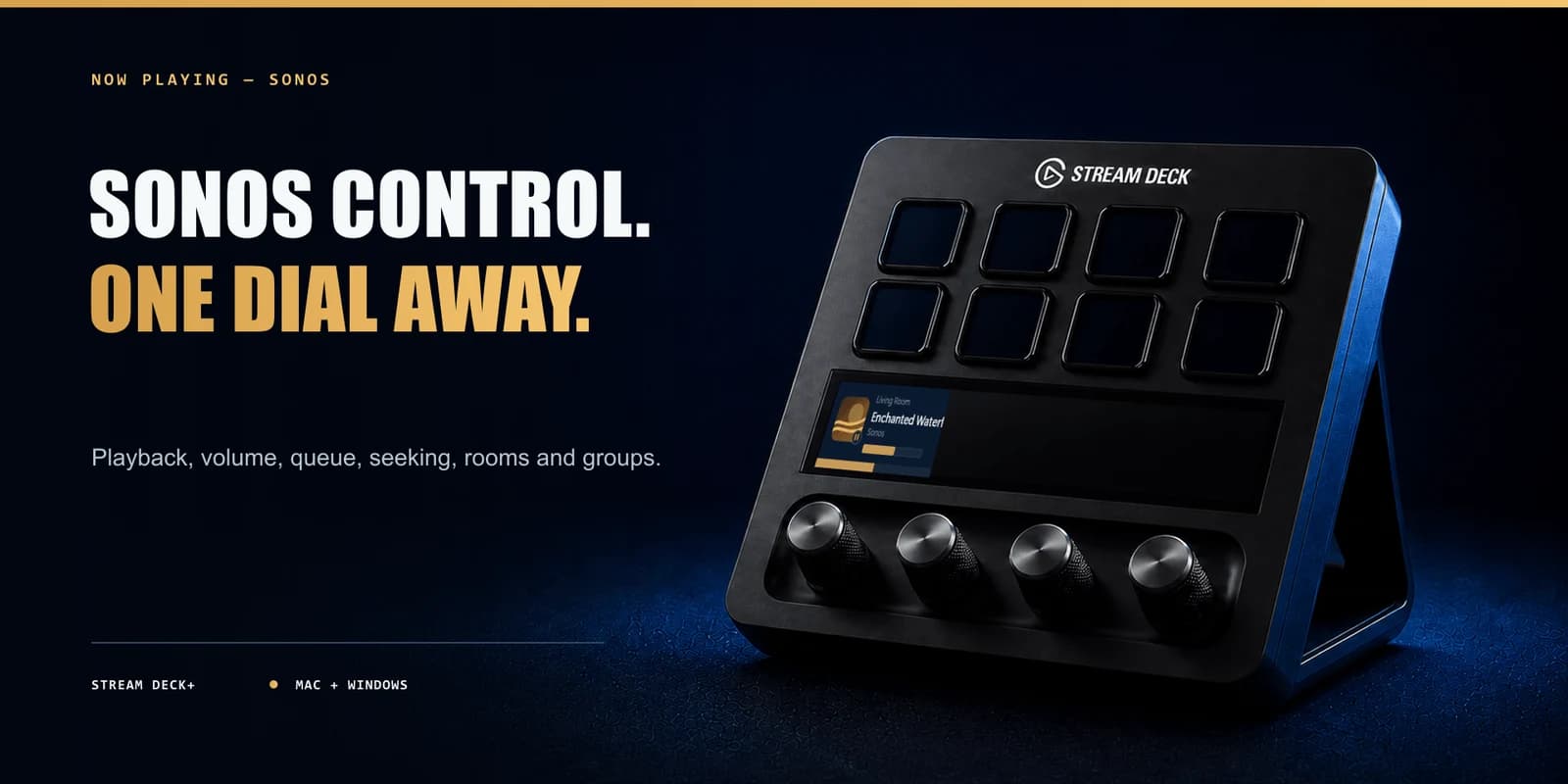 Now Playing Sonos room and group control on Stream Deck+