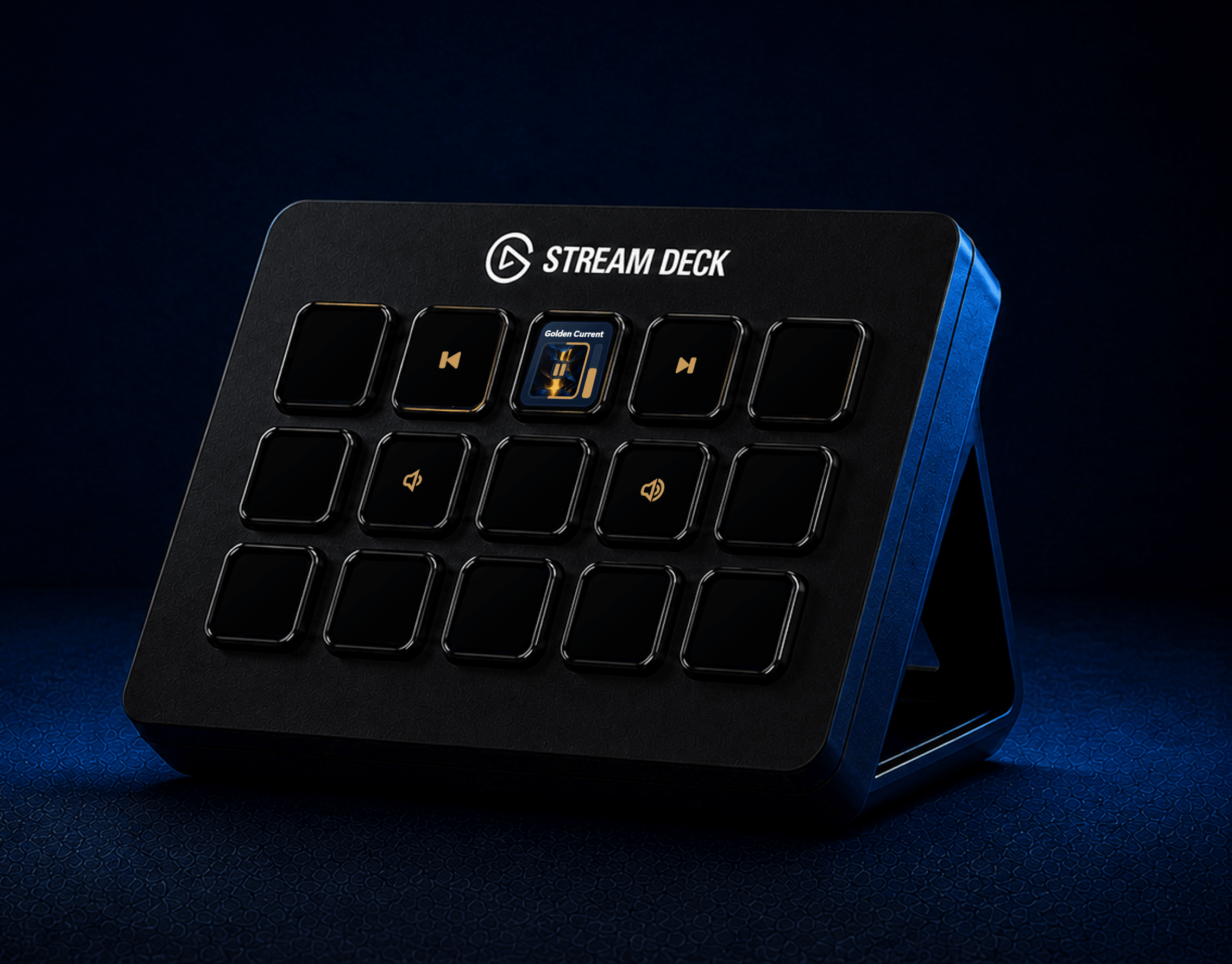 A regular 15-key Stream Deck facing left with Playback Sonos controls and live track artwork