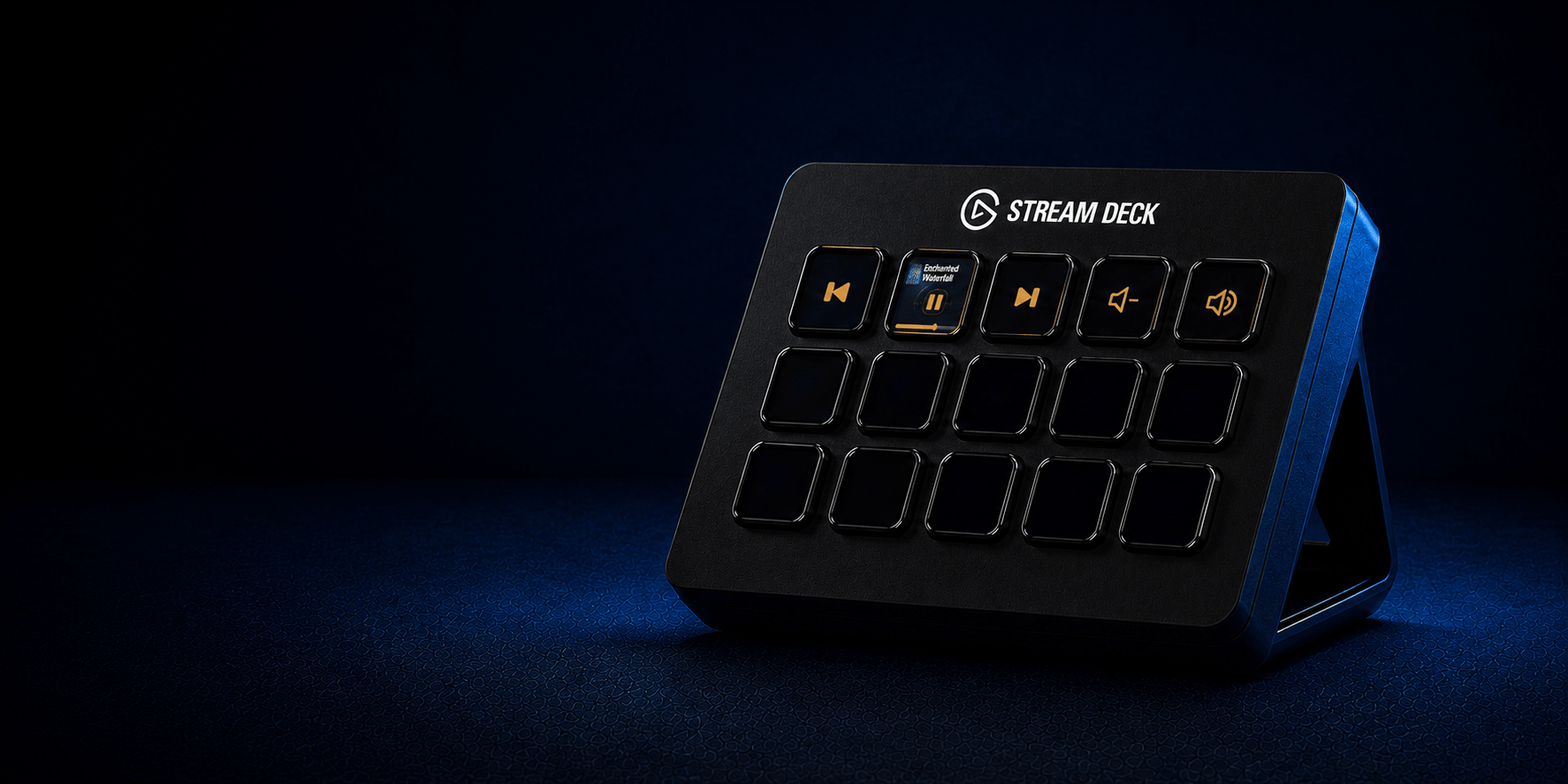 A regular 15-key Stream Deck facing left with Playback Sonos controls and live track artwork